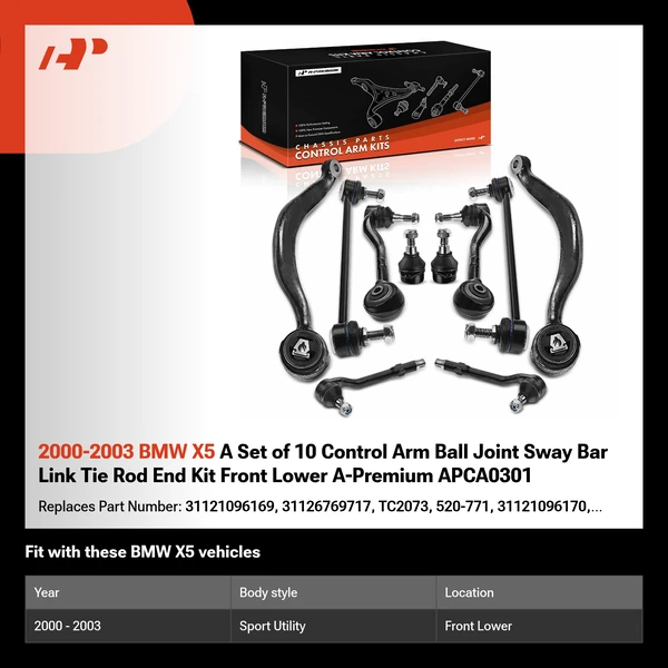 2000-2003 BMW X5 A Set of 10 Control Arm Ball Joint Sway Bar Link Tie Rod End Kit Front Lower A-Premium APCA0301