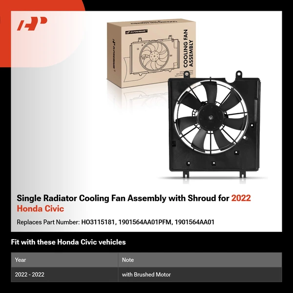 Single Radiator Cooling Fan Assembly with Shroud for 2022 Honda Civic