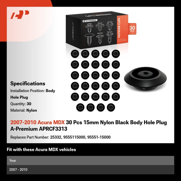 2007-2010 Acura MDX 30 Pcs 15mm Nylon Black Body Hole Plug A-Premium APRCF3313