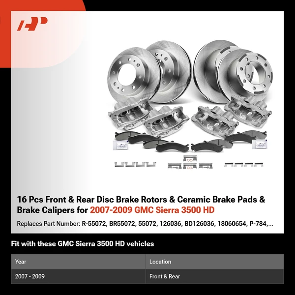 16 Pcs Front & Rear Disc Brake Rotors & Ceramic Brake Pads & Brake Calipers for 2007-2009 GMC Sierra 3500 HD