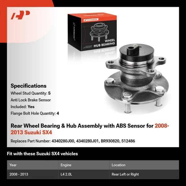 Rear Wheel Bearing & Hub Assembly with ABS Sensor for 2008-2013 Suzuki SX4