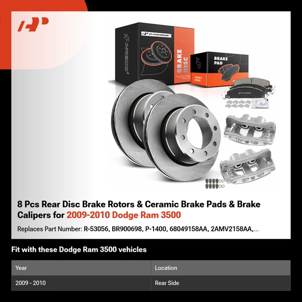 8 Pcs Rear Disc Brake Rotors & Ceramic Brake Pads & Brake Calipers for 2009-2010 Dodge Ram 3500