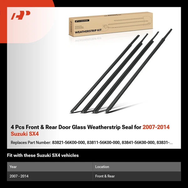 4 Pcs Front & Rear Door Glass Weatherstrip Seal for 2007-2014 Suzuki SX4