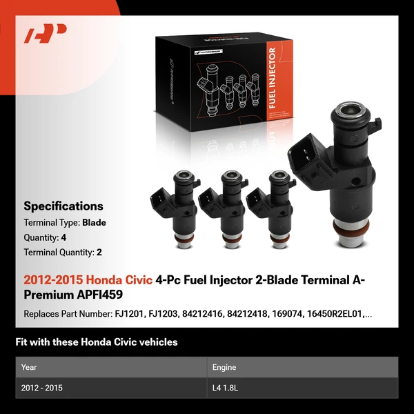 2012-2015 Honda Civic 4-Pc Fuel Injector 2-Blade Terminal A-Premium APFI459