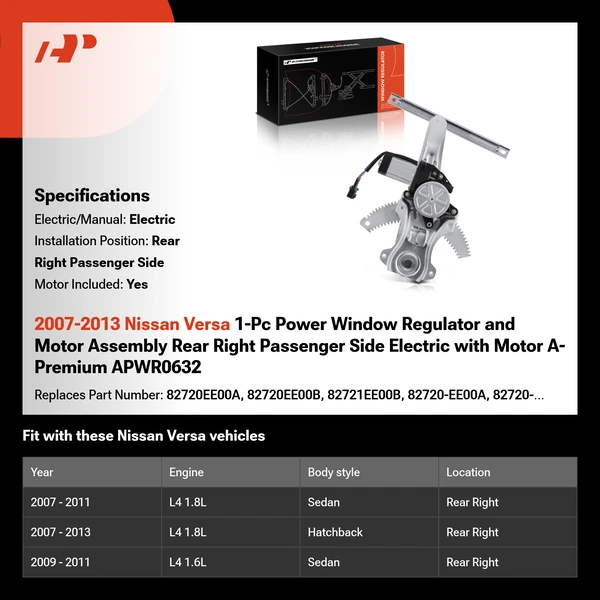 2007-2013 Nissan Versa 1-Pc Power Window Regulator and Motor Assembly Rear Right Passenger Side Electric with Motor A-Premium APWR0632