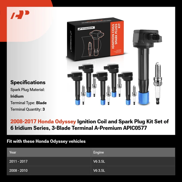 2008-2017 Honda Odyssey Ignition Coil and Spark Plug Kit Set of 6 Iridium Series, 3-Blade Terminal A-Premium APIC0577