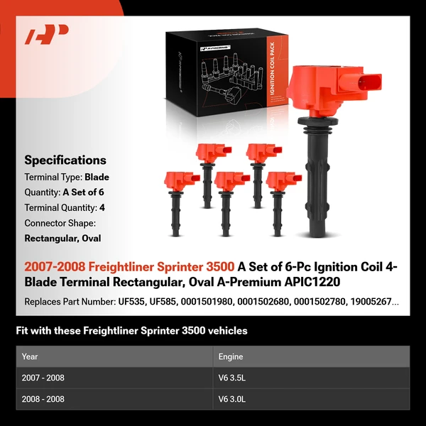 2007-2008 Freightliner Sprinter 3500 A Set of 6-Pc Ignition Coil 4-Blade Terminal Rectangular, Oval A-Premium APIC1220