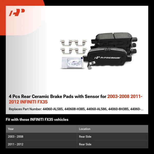 4 Pcs Rear Ceramic Brake Pads with Sensor for 2003-2008 2011-2012 INFINITI FX35