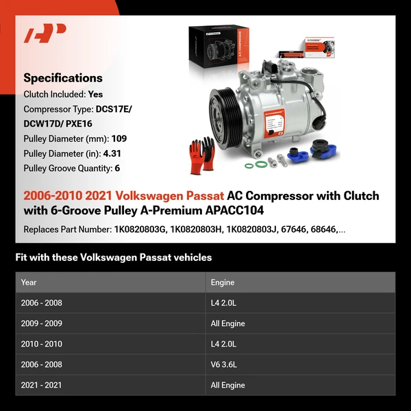2006-2010 2021 Volkswagen Passat AC Compressor with Clutch with 6-Groove Pulley A-Premium APACC104