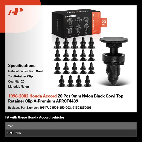 1998-2002 Honda Accord 20 Pcs 9mm Nylon Black Cowl Top Retainer Clip A-Premium APRCF4439
