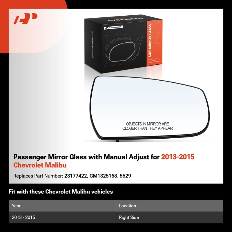 Passenger Mirror Glass with Manual Adjust for 2013-2015 Chevrolet Malibu