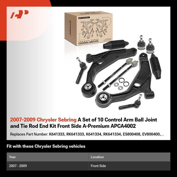 2007-2009 Chrysler Sebring A Set of 10 Control Arm Ball Joint and Tie Rod End Kit Front Side A-Premium APCA4002