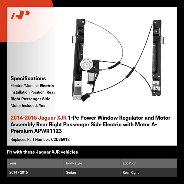 2014-2016 Jaguar XJR 1-Pc Power Window Regulator and Motor Assembly Rear Right Passenger Side Electric with Motor A-Premium APWR1123