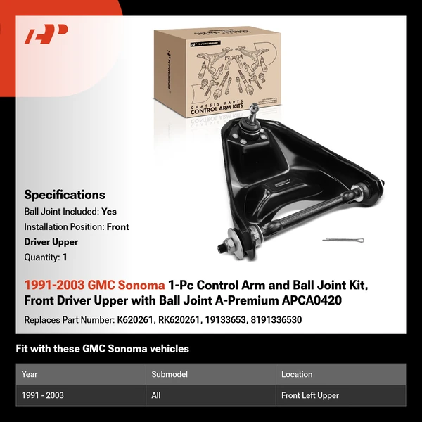 1991-2003 GMC Sonoma 1-Pc Control Arm and Ball Joint Kit, Front Driver Upper with Ball Joint A-Premium APCA0420