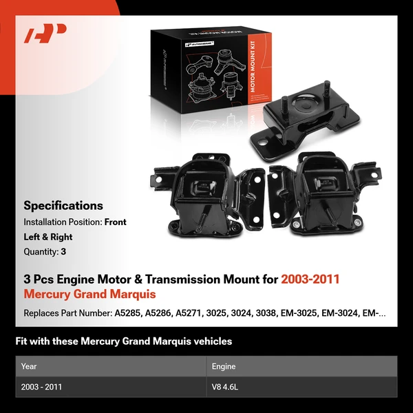 3 Pcs Engine Motor & Transmission Mount for 2003-2011 Mercury Grand Marquis