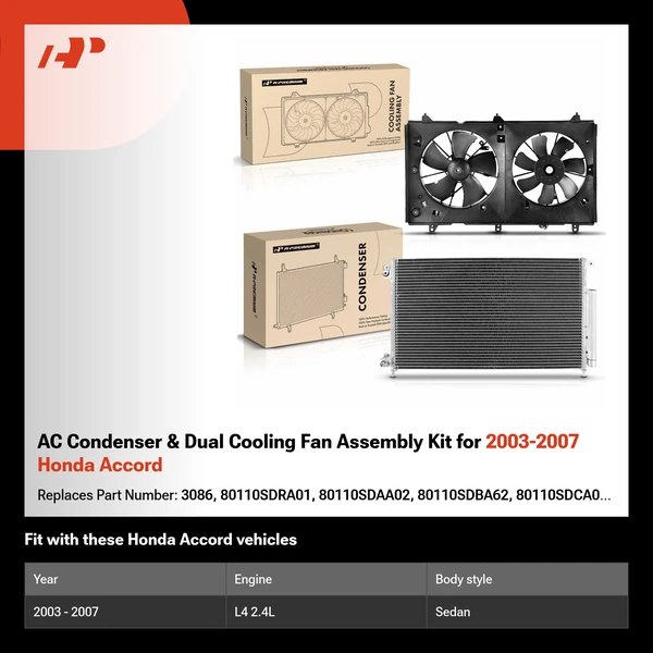 AC Condenser & Dual Cooling Fan Assembly Kit for 2003-2007 Honda Accord