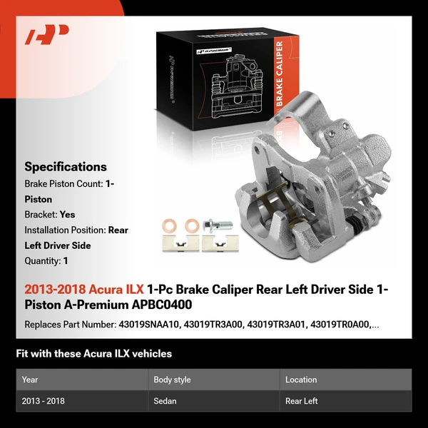 2013-2018 Acura ILX 1-Pc Brake Caliper Rear Left Driver Side 1-Piston A-Premium APBC0400