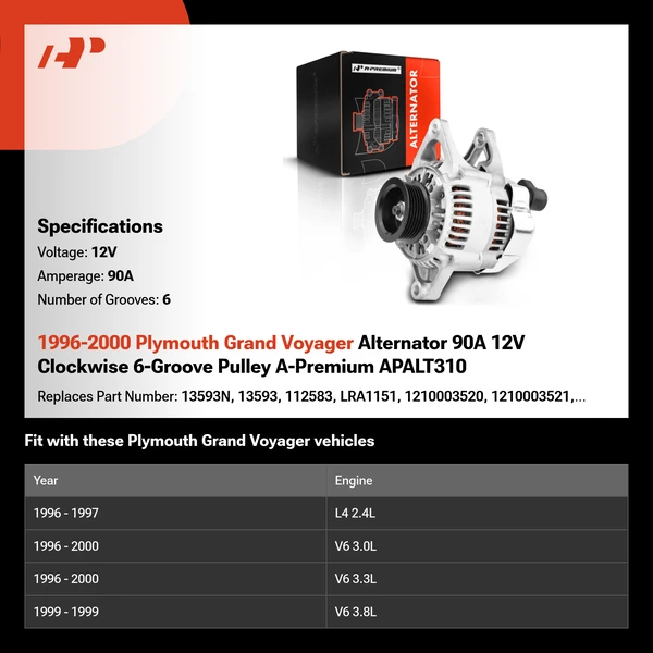 1996-2000 Plymouth Grand Voyager Alternator 90A 12V Clockwise 6-Groove Pulley A-Premium APALT310