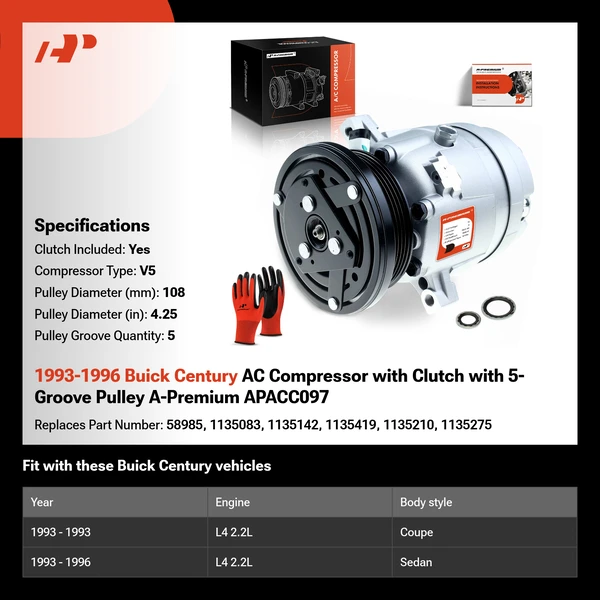 1993-1996 Buick Century AC Compressor with Clutch with 5-Groove Pulley A-Premium APACC097