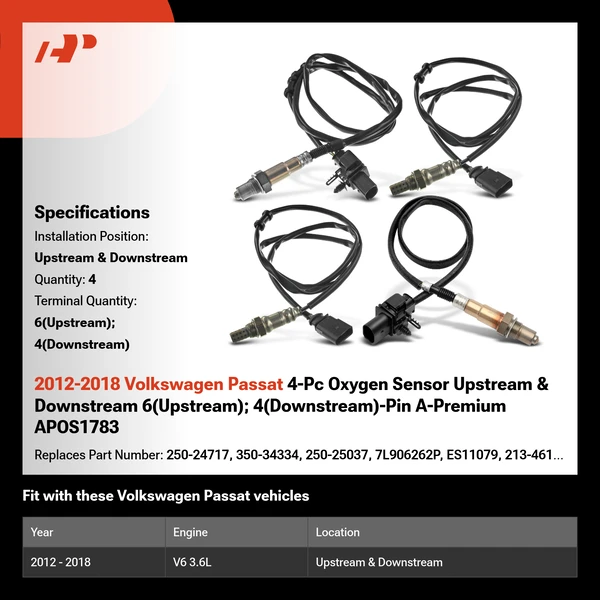 2012-2018 Volkswagen Passat 4-Pc Oxygen Sensor Upstream & Downstream 6(Upstream); 4(Downstream)-Pin A-Premium APOS1783
