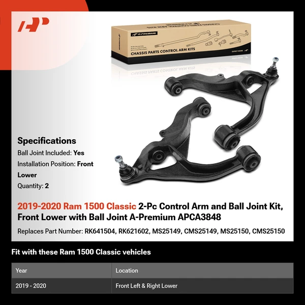 2019-2020 Ram 1500 Classic 2-Pc Control Arm and Ball Joint Kit, Front Lower with Ball Joint A-Premium APCA3848