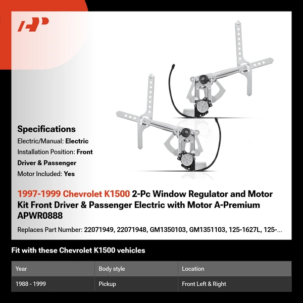 1997-1999 Chevrolet K1500 2-Pc Window Regulator and Motor Kit Front Driver & Passenger Electric with Motor A-Premium APWR0888