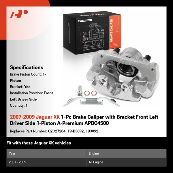 2007-2009 Jaguar XK 1-Pc Brake Caliper with Bracket Front Left Driver Side 1-Piston A-Premium APBC4500