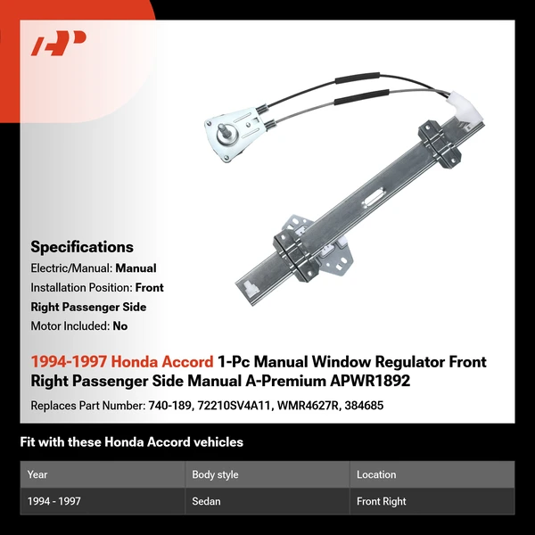 1994-1997 Honda Accord 1-Pc Manual Window Regulator Front Right Passenger Side Manual A-Premium APWR1892