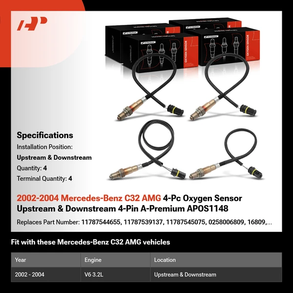 2002-2004 Mercedes-Benz C32 AMG 4-Pc Oxygen Sensor Upstream & Downstream 4-Pin A-Premium APOS1148