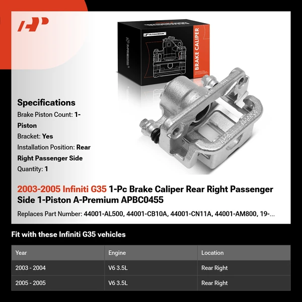 2003-2005 Infiniti G35 1-Pc Brake Caliper Rear Right Passenger Side 1-Piston A-Premium APBC0455