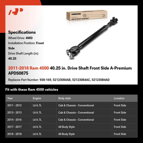 2011-2018 Ram 4500 40.25 in. Drive Shaft Front Side A-Premium APDS0875