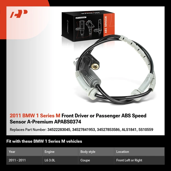 2011 BMW 1 Series M Front Driver or Passenger ABS Speed Sensor A-Premium APABS0374