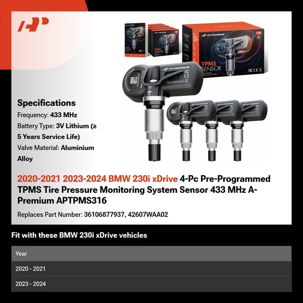 2020-2021 2023-2024 BMW 230i xDrive 4-Pc Pre-Programmed TPMS Tire Pressure Monitoring System Sensor 433 MHz A-Premium APTPMS316