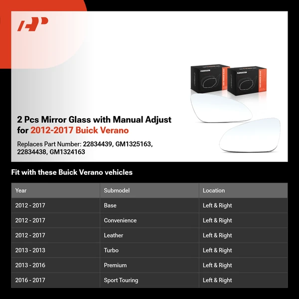 2 Pcs Mirror Glass with Manual Adjust for 2012-2017 Buick Verano