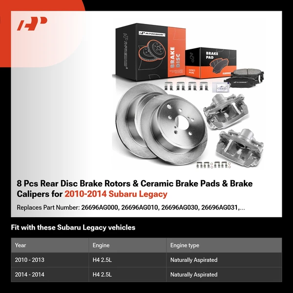 8 Pcs Rear Disc Brake Rotors & Ceramic Brake Pads & Brake Calipers for 2010-2014 Subaru Legacy