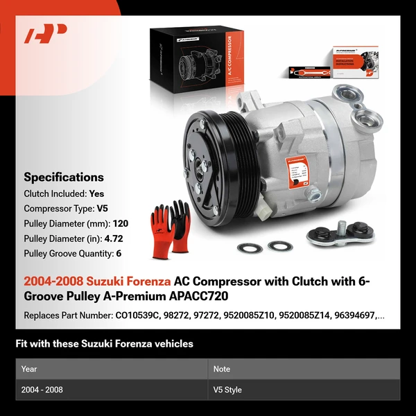 2004-2008 Suzuki Forenza AC Compressor with Clutch with 6-Groove Pulley A-Premium APACC720