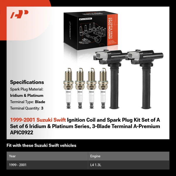 1999-2001 Suzuki Swift Ignition Coil and Spark Plug Kit Set of A Set of 6 Iridium & Platinum Series, 3-Blade Terminal A-Premium APIC0922