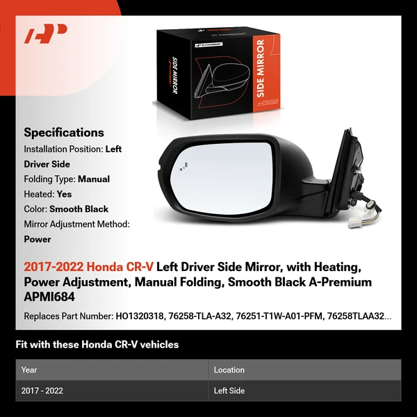 2017-2022 Honda CR-V Left Driver Side Mirror, with Heating, Power Adjustment, Manual Folding, Smooth Black A-Premium APMI684