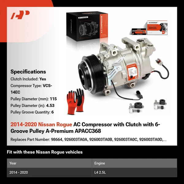 2014-2020 Nissan Rogue AC Compressor with Clutch with 6-Groove Pulley A-Premium APACC368