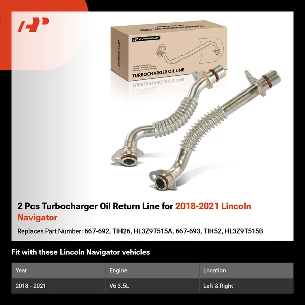 2 Pcs Turbocharger Oil Return Line for 2018-2021 Lincoln Navigator