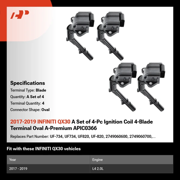 2017-2019 INFINITI QX30 A Set of 4-Pc Ignition Coil 4-Blade Terminal Oval A-Premium APIC0366