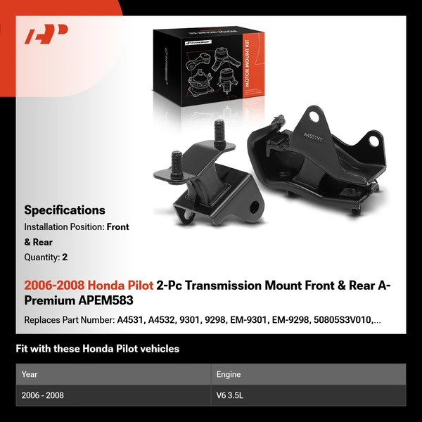 2006-2008 Honda Pilot 2-Pc Transmission Mount Front & Rear A-Premium APEM583
