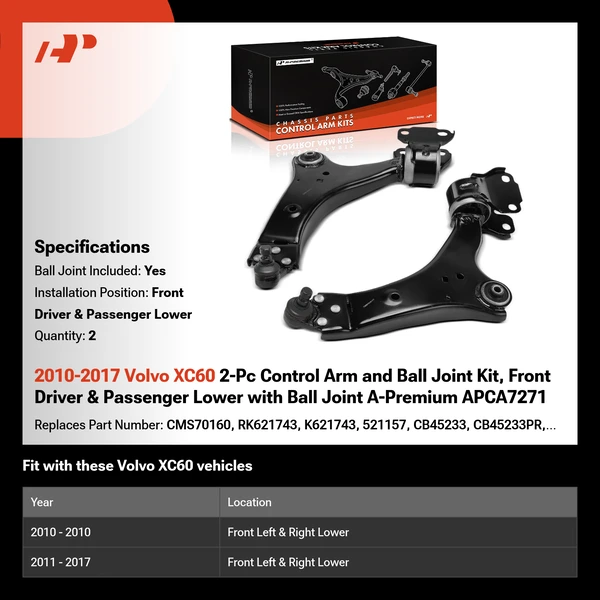 2010-2017 Volvo XC60 2-Pc Control Arm and Ball Joint Kit, Front Driver & Passenger Lower with Ball Joint A-Premium APCA7271