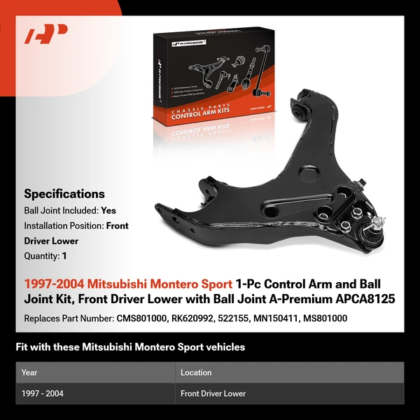 1997-2004 Mitsubishi Montero Sport 1-Pc Control Arm and Ball Joint Kit, Front Driver Lower with Ball Joint A-Premium APCA8125