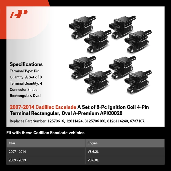 2007-2014 Cadillac Escalade A Set of 8-Pc Ignition Coil 4-Pin Terminal Rectangular, Oval A-Premium APIC0028