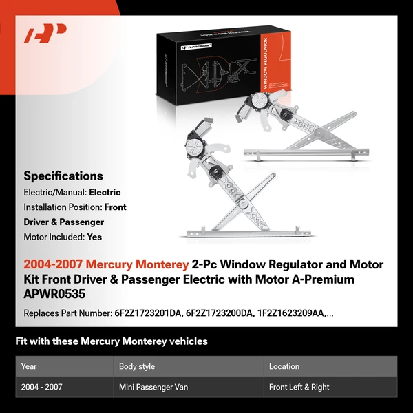 2004-2007 Mercury Monterey 2-Pc Window Regulator and Motor Kit Front Driver & Passenger Electric with Motor A-Premium APWR0535