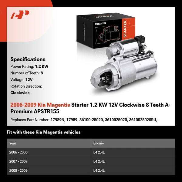2006-2009 Kia Magentis Starter 1.2 KW 12V Clockwise 8 Teeth A-Premium APSTR155
