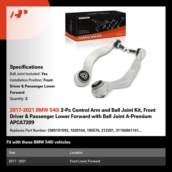2017-2021 BMW 540i 2-Pc Control Arm and Ball Joint Kit, Front Driver & Passenger Lower Forward with Ball Joint A-Premium APCA7209
