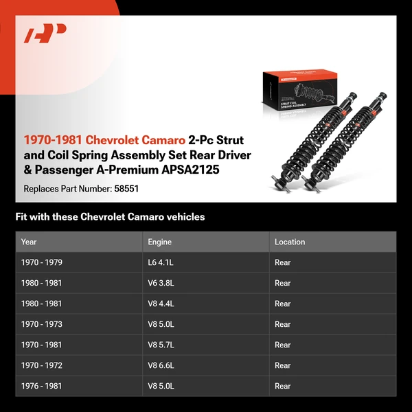 1970-1981 Chevrolet Camaro 2-Pc Strut and Coil Spring Assembly Set Rear Driver & Passenger A-Premium APSA2125