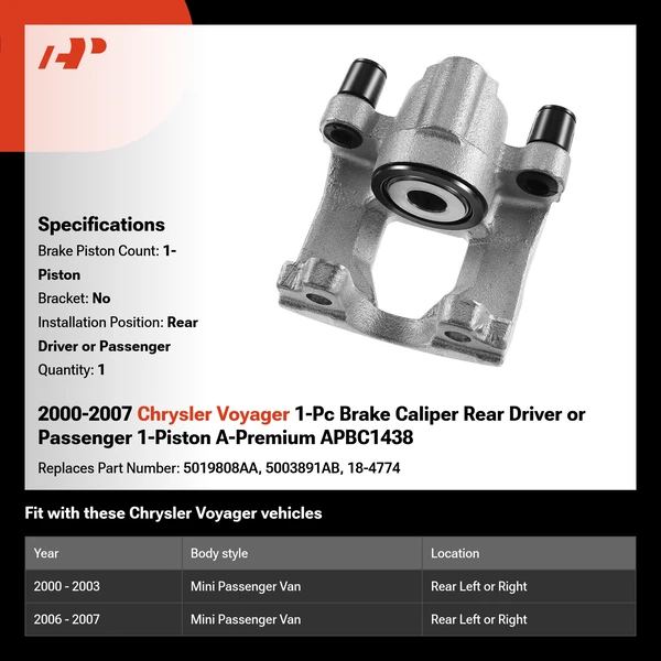 2000-2007 Chrysler Voyager 1-Pc Brake Caliper Rear Driver or Passenger 1-Piston A-Premium APBC1438